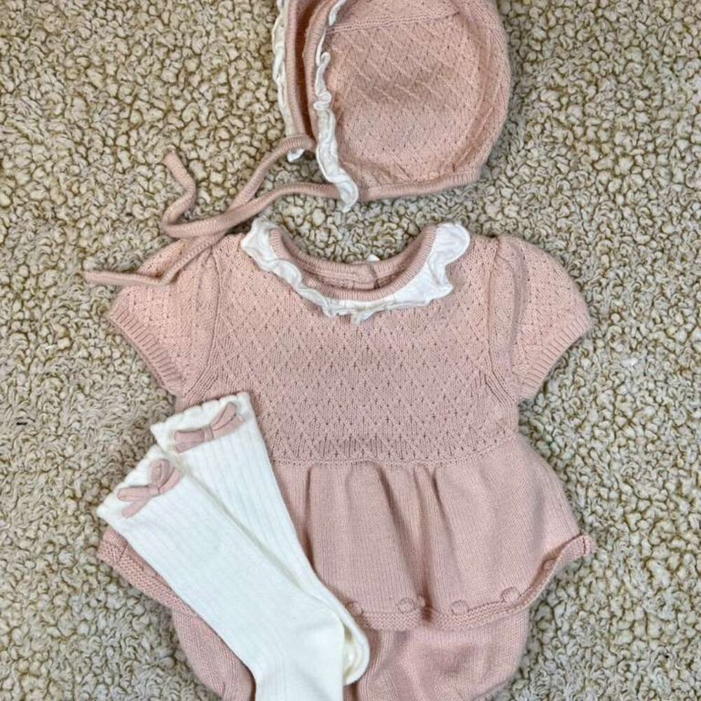 Shabby Chic Baby Pink Knit Romper Hat & Socks Set | 3–6 Months